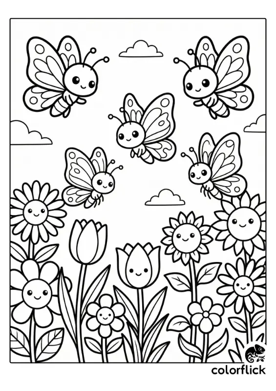 Five cute chibi butterflies with happy faces are fluttering above a garden filled with smiling tulips, sunflowers, and daisies in this black and white coloring page illustration.