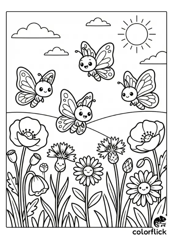 A group of five adorable chibi butterflies flutter happily over a sunny meadow filled with smiling poppies, cornflowers, and daisies in this black and white coloring page illustration.