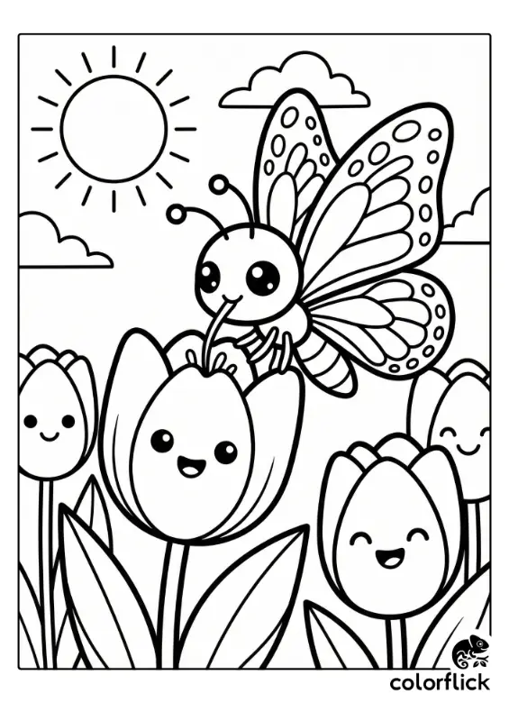 A cute chibi butterfly with large eyes is sipping nectar from a smiling tulip flower under a bright sun in this black and white coloring page illustration.