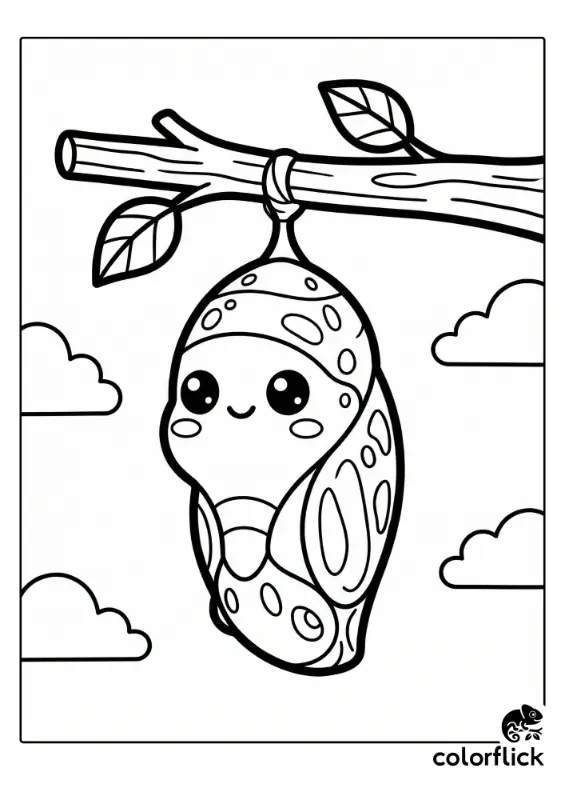 A cute chibi chrysalis with big friendly eyes hangs peacefully from a branch in this black and white coloring page illustration.
