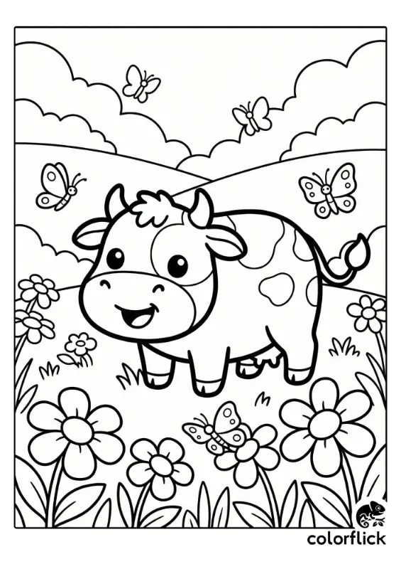A coloring page illustration showing a smiling chibi cow standing in a meadow filled with large flowers and fluttering butterflies under cloudy hills.