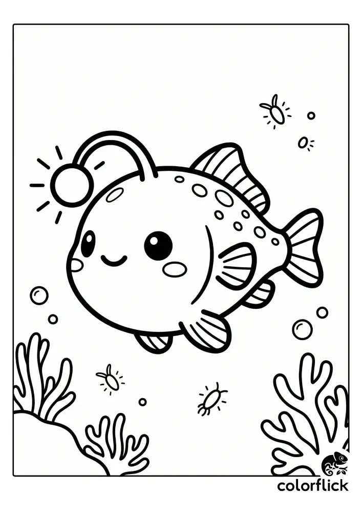 A cute, smiling chibi lanternfish with a glowing lure on its head swims among deep-sea coral, bubbles, and tiny plankton in this coloring page illustration.