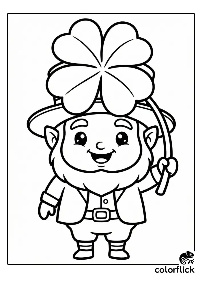A printable coloring page featuring a smiling chibi leprechaun character holding an oversized four-leaf clover in one hand.