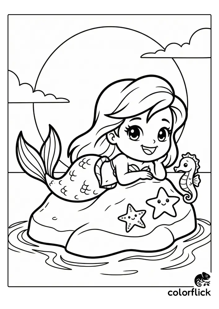 A delightful chibi coloring page showing a smiling mermaid relaxing on a large rock, accompanied by a cute seahorse and two happy starfish under a big sun.