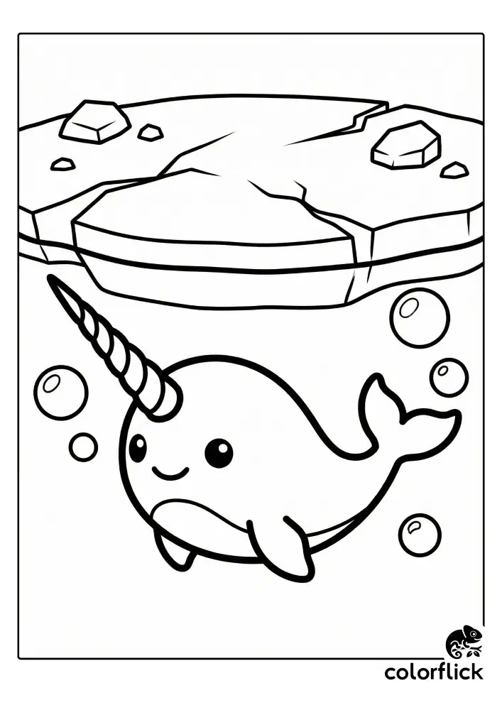 A cute, smiling chibi narwhal with a spiral tusk swims beneath a large, cracked sheet of ice in this coloring page illustration.