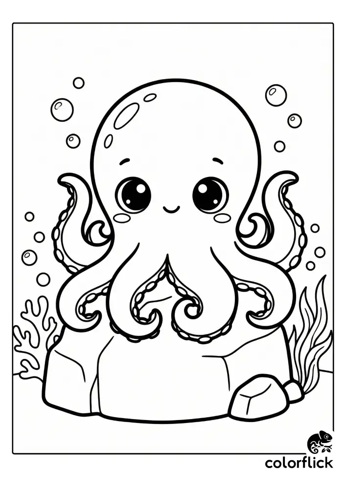 A cute, smiling chibi octopus with large eyes is perched on a large rock underwater, surrounded by bubbles and coral outlines.