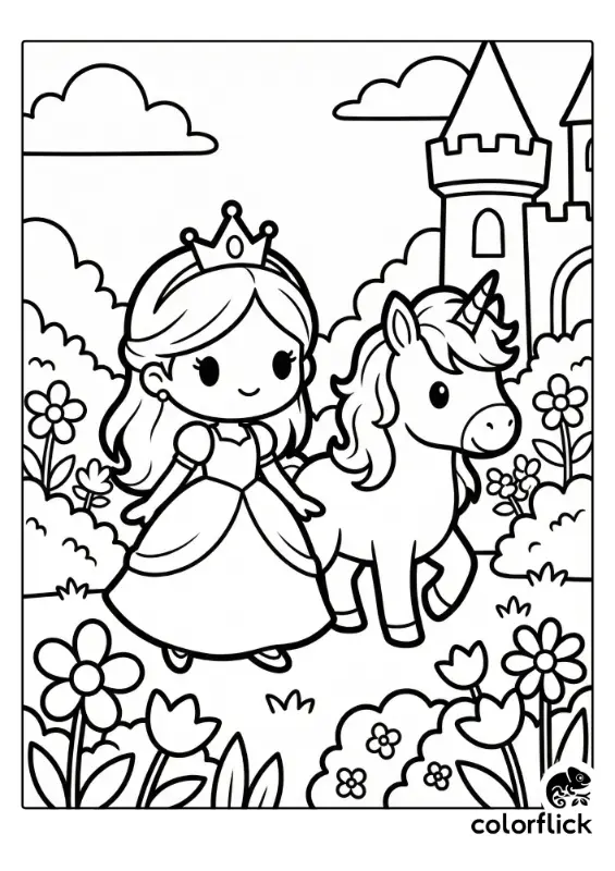 A printable coloring page showing a cute chibi princess with a crown walking beside an adorable unicorn through a flower-filled royal garden with a castle tower in the background.