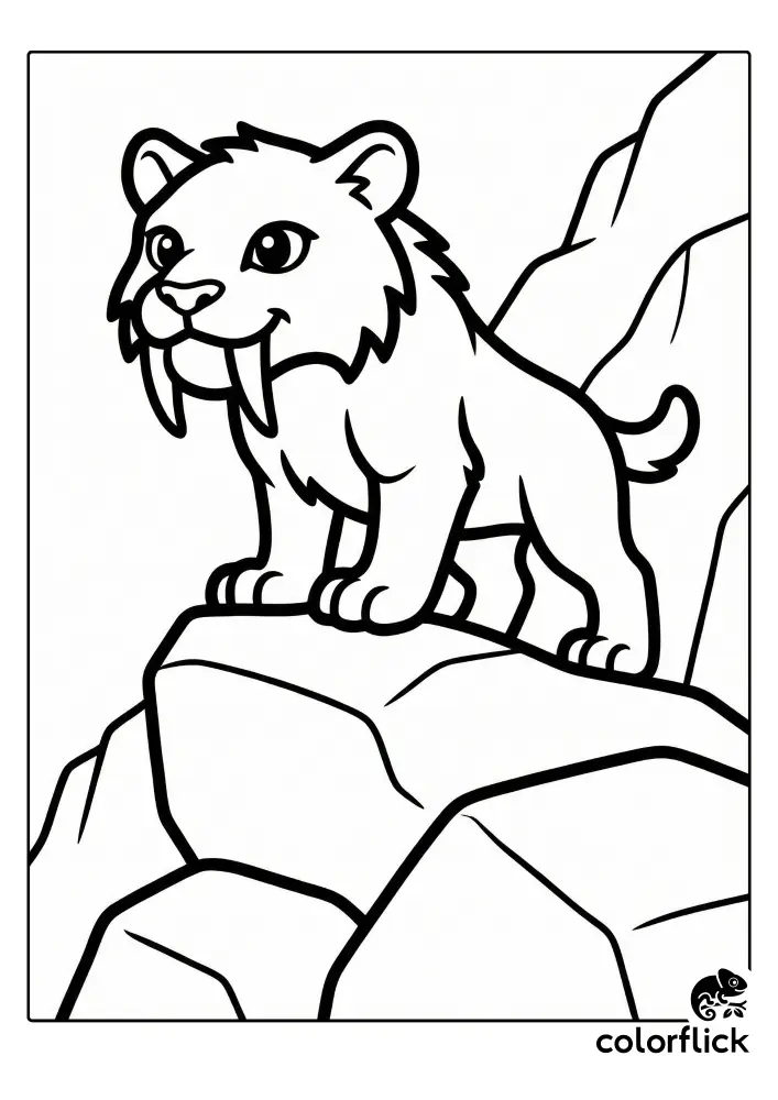 A printable coloring page illustration showing a cute cartoon sabertooth cat with large fangs perched atop a pile of large rocks.