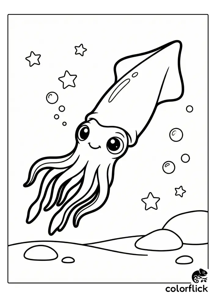 A cheerful chibi squid with big eyes glides through the water, surrounded by bubbles and stars on the sea floor.