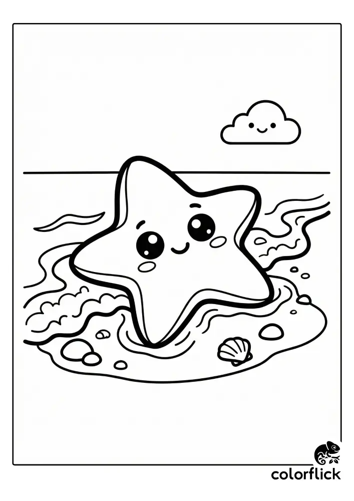 A cute chibi starfish with a smiling face rests on sand with small foamy waves lapping around it, accompanied by seashells and a smiling cloud in the background of this coloring page illustration.