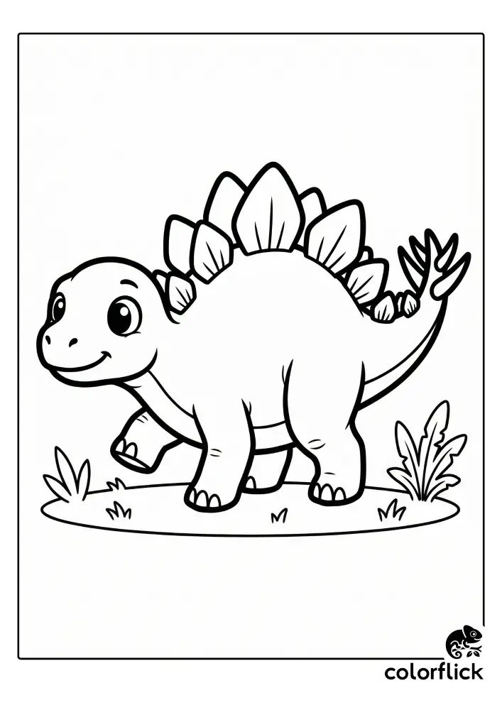 A smiling, cute chibi Stegosaurus dinosaur walking mid-stride across a grassy patch in this black and white coloring page illustration.