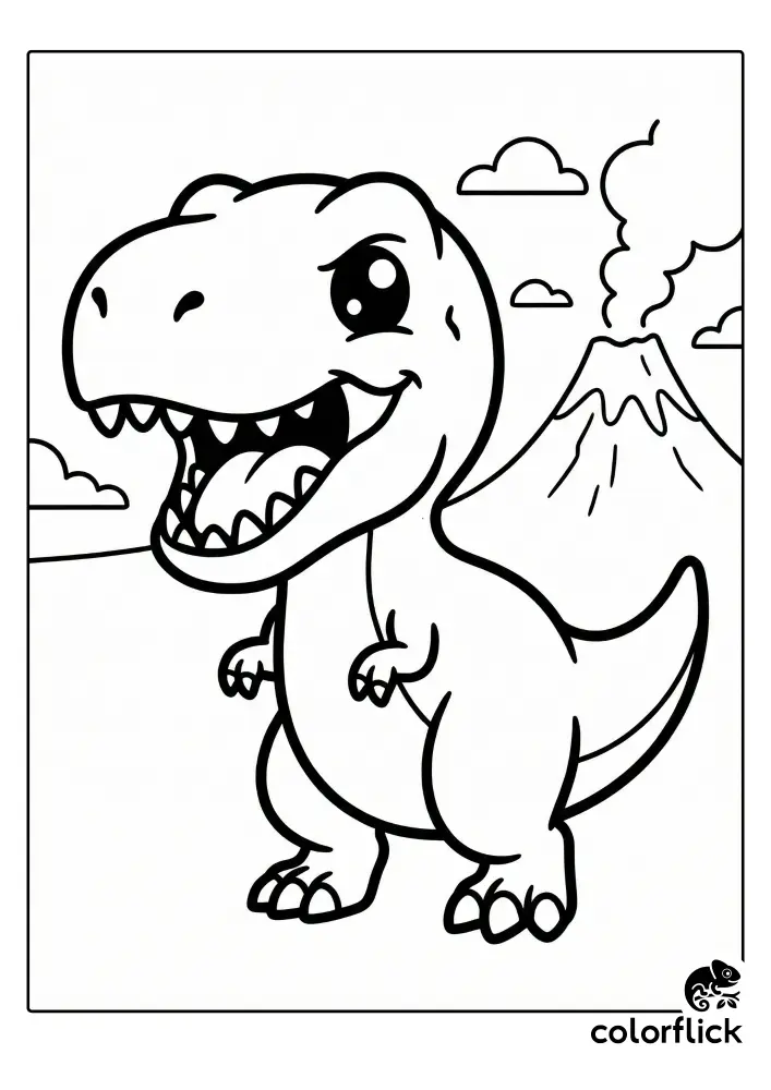 A cute chibi Tyrannosaurus Rex roars happily in front of a smoking volcano in this black and white coloring page.
