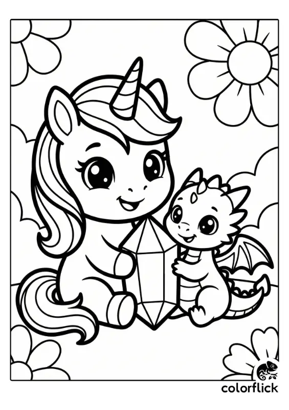 A printable coloring page showing a smiling chibi unicorn and a small chibi dragon sitting together and holding a large faceted crystal surrounded by big flowers.