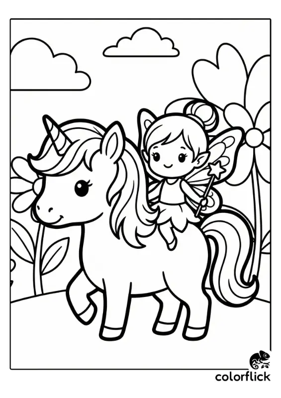 A printable coloring page showing a cute chibi unicorn walking gently with a smiling little fairy holding a wand sitting on its back amidst large flowers and clouds.