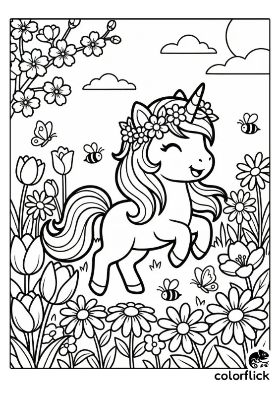 A printable coloring page showing a happy chibi unicorn wearing a floral crown, prancing in a spring garden filled with tulips, daisies, cherry blossoms, butterflies, and bees under a sunny sky.