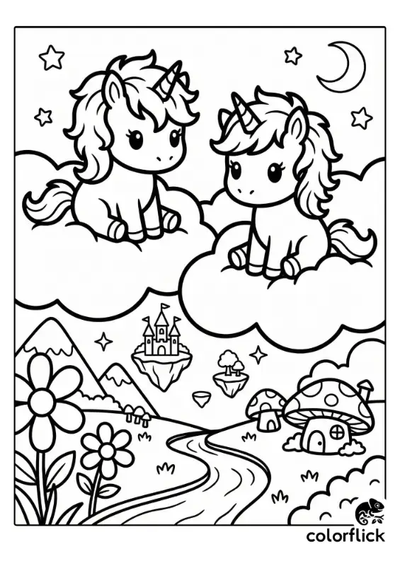 A black and white coloring page showing two cute chibi unicorns with fluffy manes sitting on clouds in the night sky, overlooking a whimsical landscape with floating islands, a castle, and giant mushroom houses below.