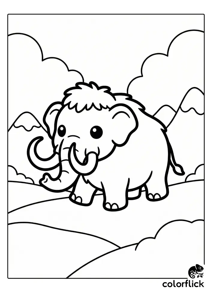 A cute, cartoon woolly mammoth with large tusks stands in a snowy landscape in this printable coloring page illustration.