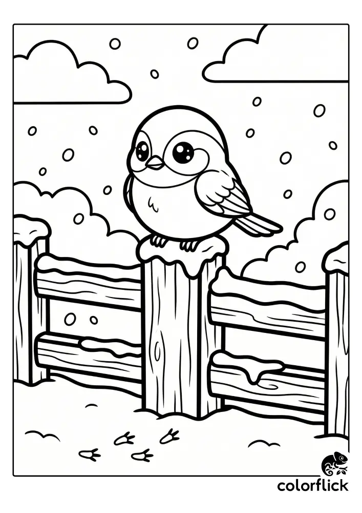 A kawaii-style coloring page showing a plump chickadee with big eyes perched on a snow-covered wooden fence post, with tiny footprints in the snow below.