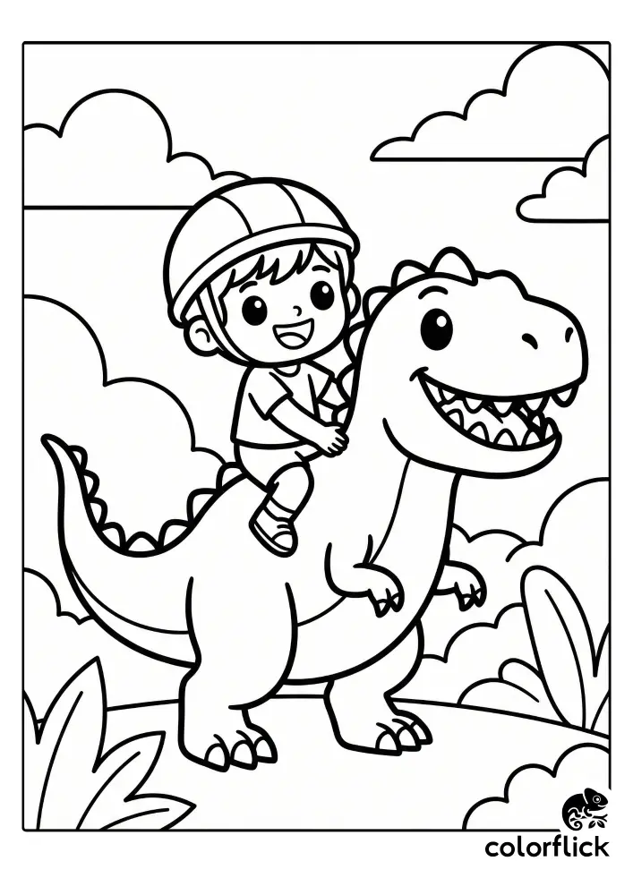 A printable coloring page illustration showing a delighted child wearing a helmet, happily riding on the back of a large, grinning T-Rex dinosaur in a prehistoric setting.