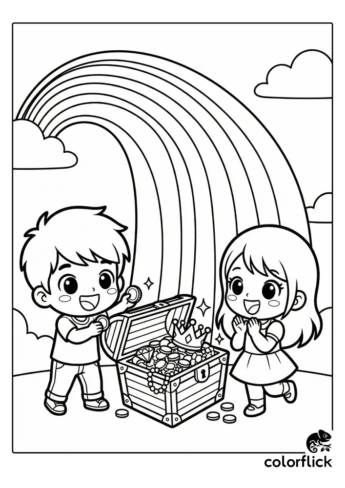 A printable coloring page showing a happy chibi boy and girl discovering an overflowing treasure chest at the end of a large rainbow.