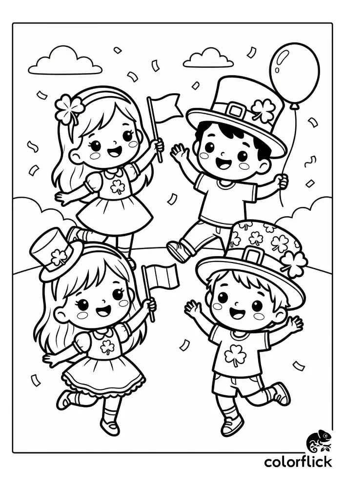 A printable coloring page featuring four joyful children celebrating St. Patrick's Day, wearing festive shamrock outfits and hats while holding flags and a balloon amidst falling confetti.