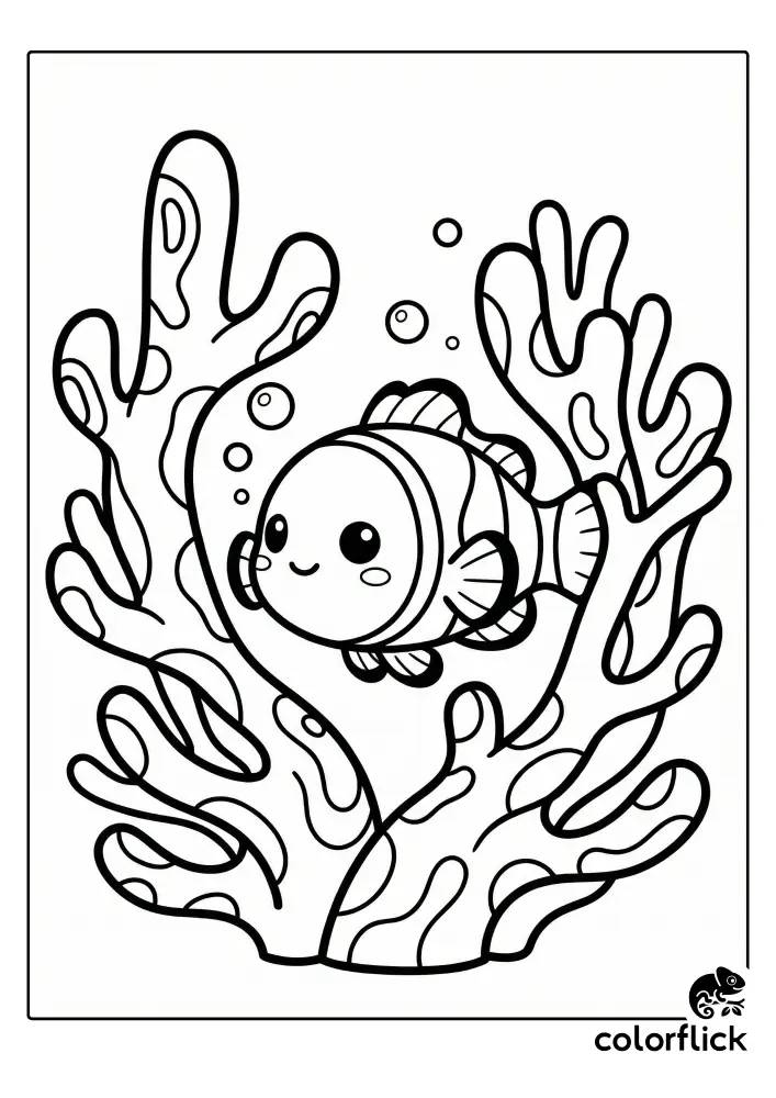 A cute coloring page illustration of a smiling clownfish peeking out from between the branches of a large coral reef.