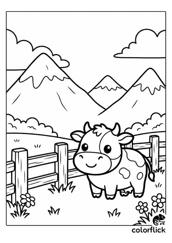 A coloring page illustration showing a smiling chibi cow standing next to a wooden fence with large, snow-capped mountains and clouds in the background.
