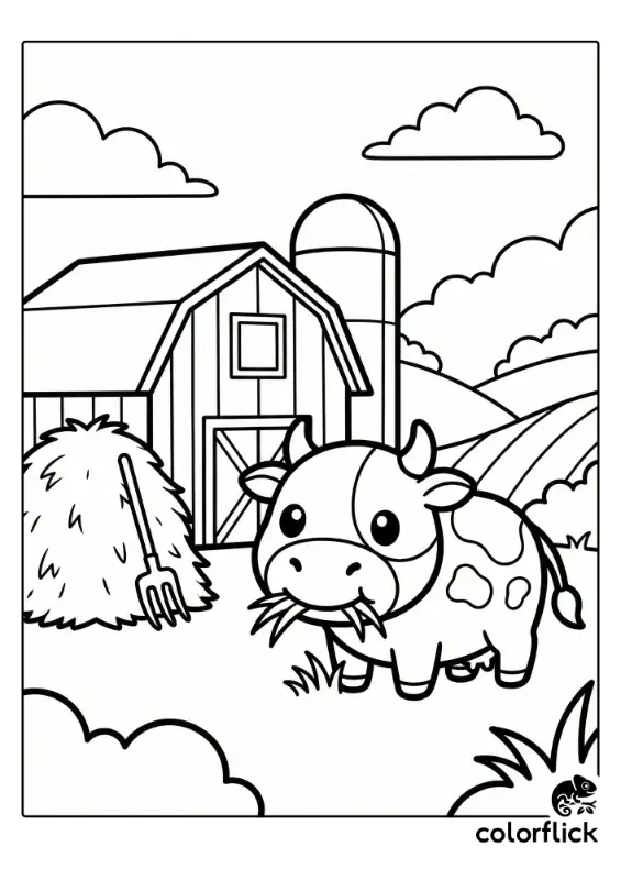 A smiling chibi cow coloring page shows the animal eating grass in front of a large barn with a silo, a haystack, and a pitchfork under a cloudy sky.