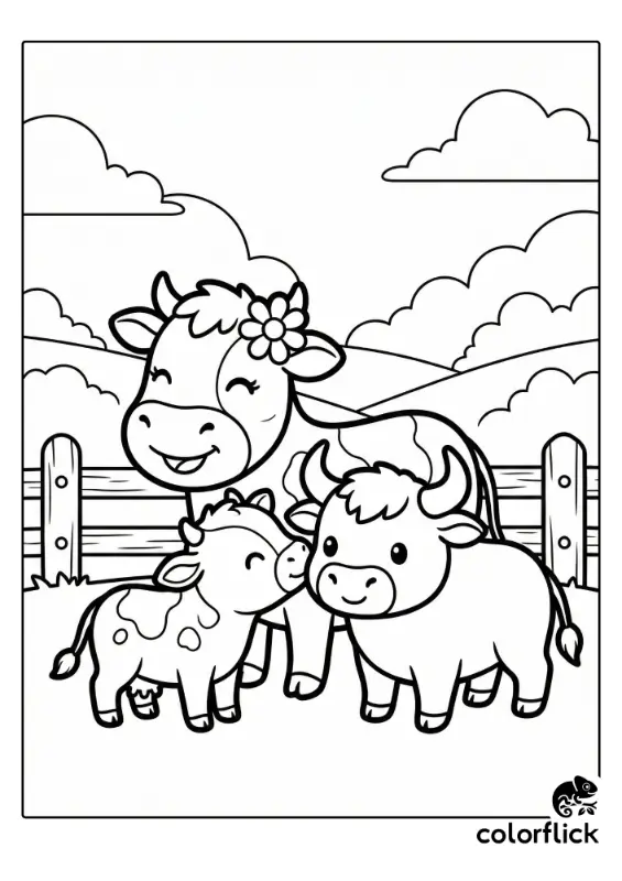 A chibi cow family coloring page with a smiling mother cow, a bull, and a small calf standing by a wooden fence in a field.