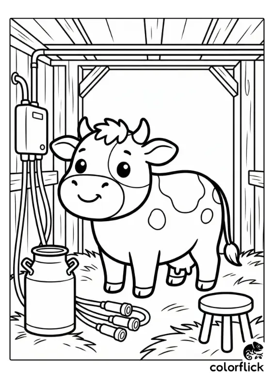 A coloring page illustration showing a smiling chibi cow standing in a rustic wooden milking shed next to a large milk can, milking tubes, and a stool on the hay-covered floor.