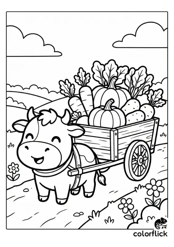A coloring page illustration of a happy chibi cow pulling a wooden cart overflowing with pumpkins, carrots, and potatoes down a dirt road.