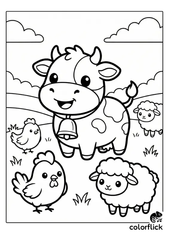 A coloring page illustration showing a smiling chibi cow wearing a bell, standing in a field with two small chickens and two fluffy sheep under clouds.