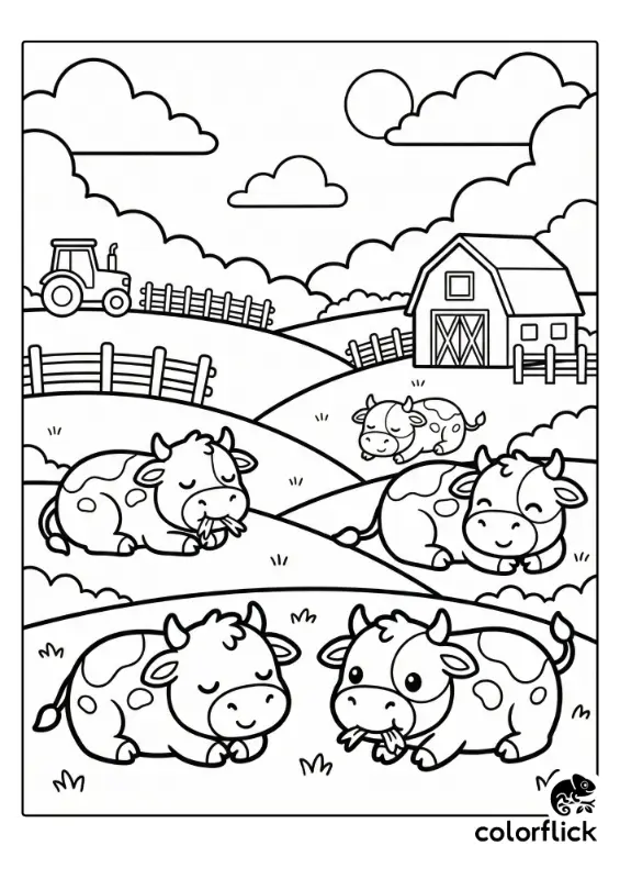 A coloring page illustration showing several chibi cows resting and sleeping on rolling hills with a barn, tractor, and fences under a sunny sky.