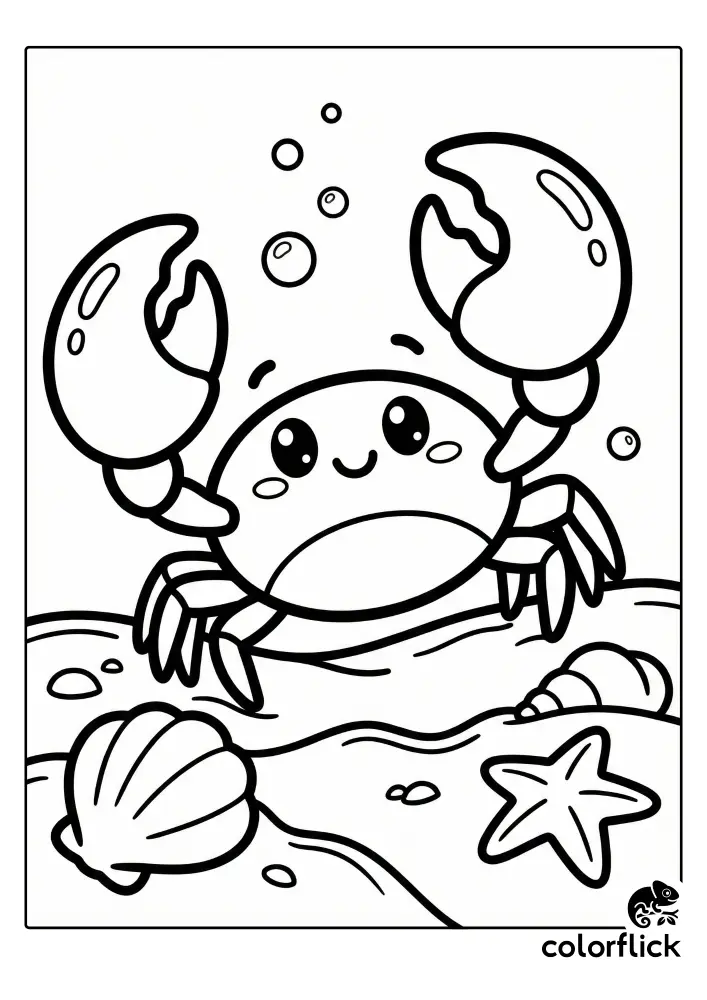 A cute chibi crab with big claws smiles while walking on the sandy seafloor surrounded by bubbles, seashells, and a starfish in this coloring page illustration.