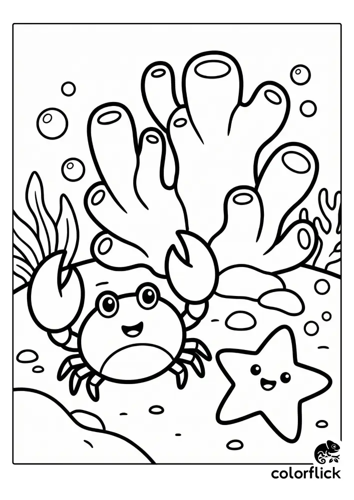A cute smiling crab and a happy starfish rest on the sandy ocean floor next to large coral formations in this coloring page illustration.