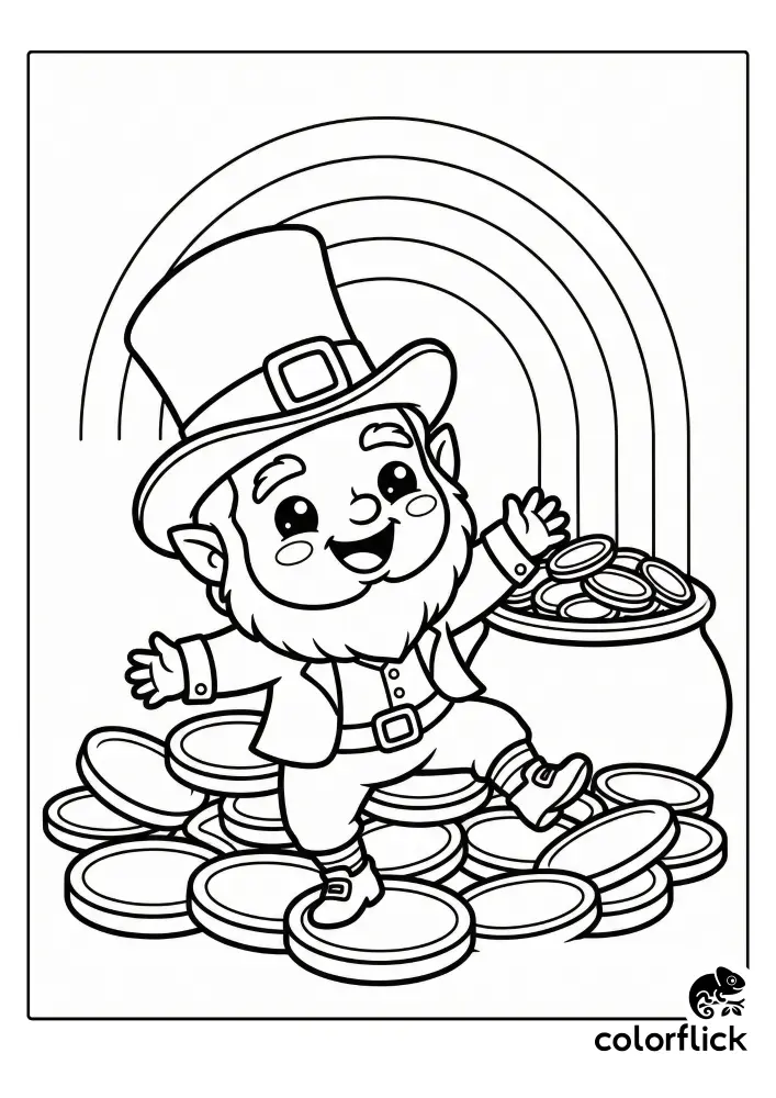 A printable coloring page featuring a cheerful chibi leprechaun dancing on a large pile of coins next to a pot of gold and a rainbow outline.