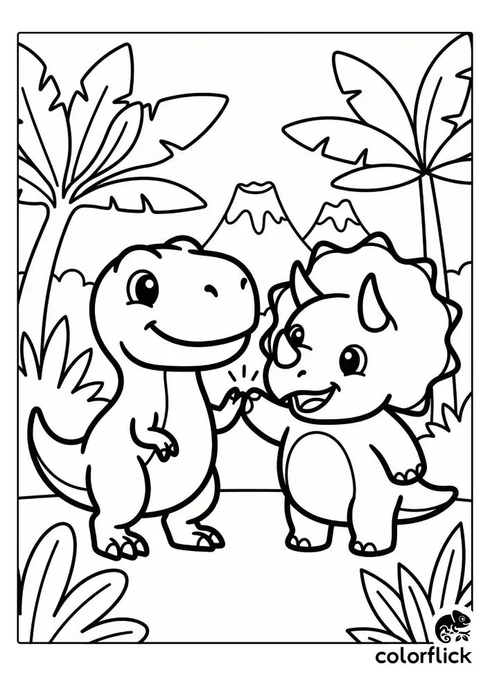 A printable coloring page illustration of a friendly T-Rex and a cheerful Triceratops giving each other a high-five in a prehistoric landscape with palm trees and volcanoes.
