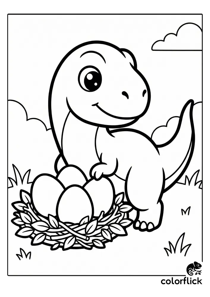 A cute chibi dinosaur stands protectively next to a carefully arranged nest filled with three large eggs in a grassy field, rendered as a black and white coloring page line drawing.
