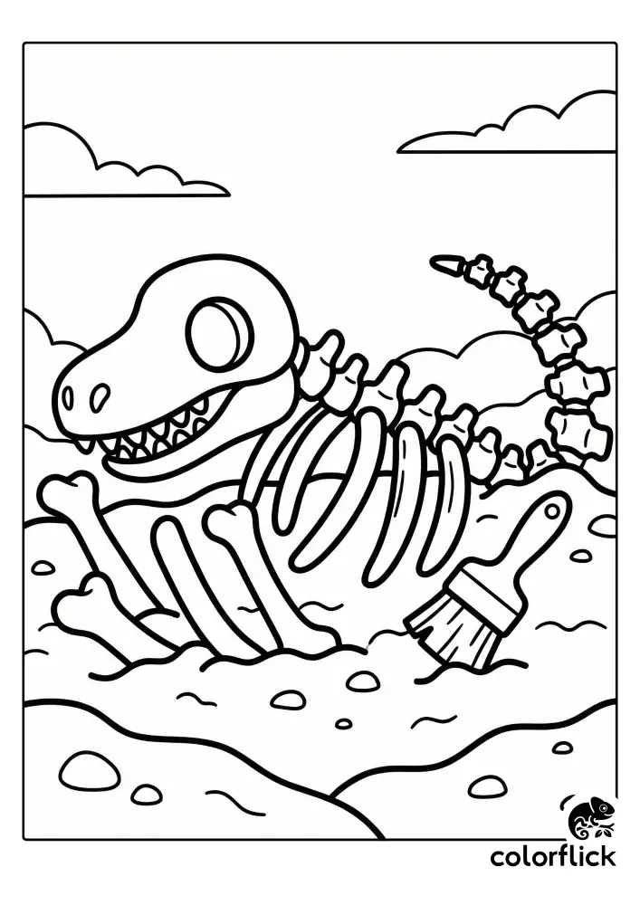 A printable coloring page illustration showing a cartoon dinosaur skeleton being uncovered from the sand with a paleontology brush.