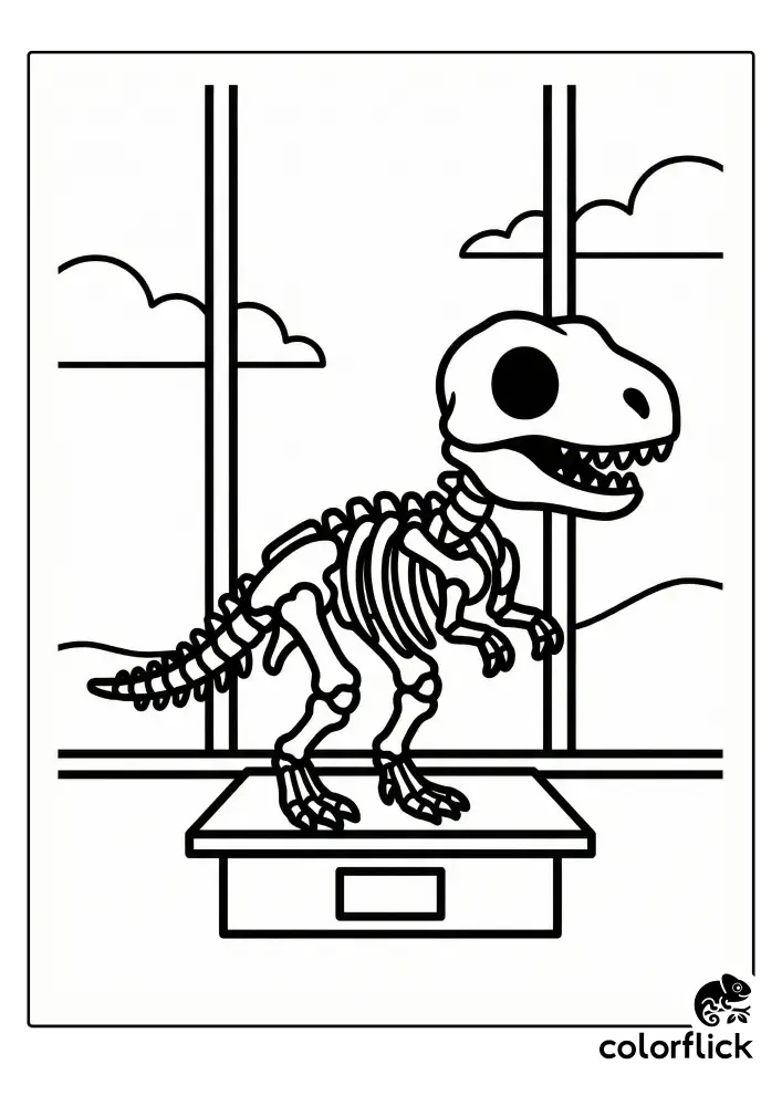 A printable coloring page illustration of a cute T-Rex dinosaur skeleton displayed on a museum pedestal in front of a large window.