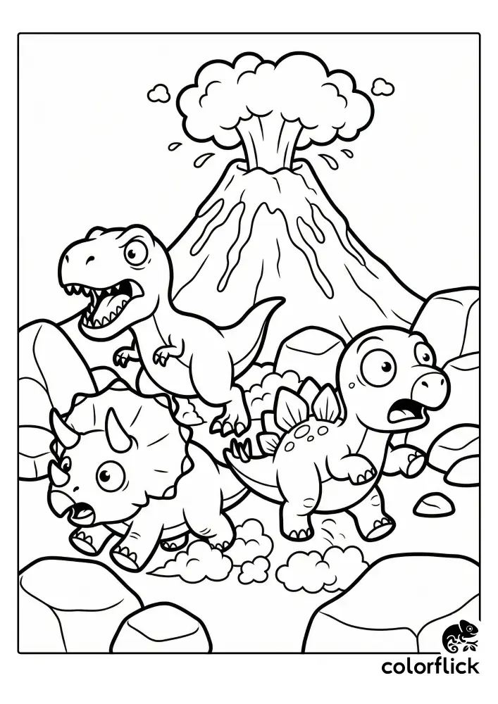 A T-Rex, Triceratops, and Stegosaurus with panicked expressions run across rocky ground away from an erupting volcano in this chibi coloring page illustration.