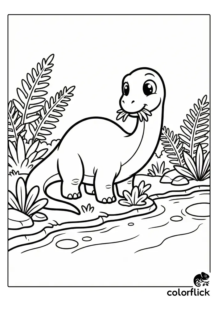 A cute chibi Diplodocus dinosaur grazing peacefully by a prehistoric river surrounded by ferns in this coloring page illustration.
