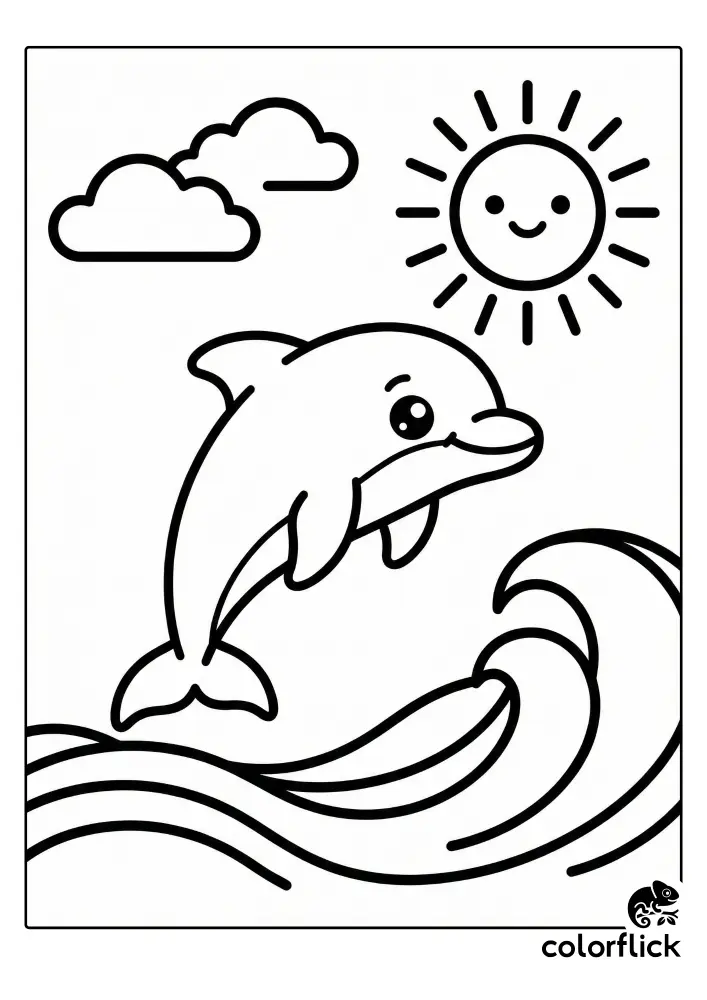 A cute coloring page illustration showing a smiling dolphin leaping out of ocean waves under a cheerful sun.