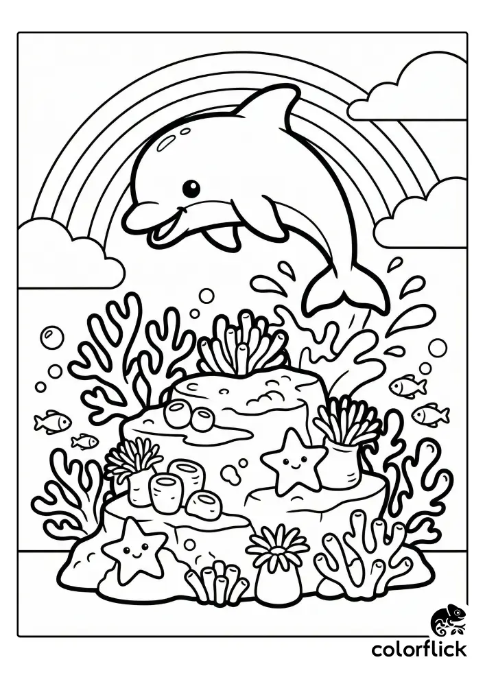 A cheerful coloring page showing a smiling dolphin leaping out of the water above a coral reef teeming with starfish and fish, under a large rainbow.