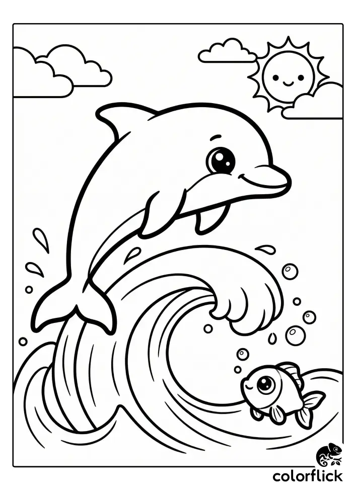 A cute coloring page illustration of a smiling dolphin jumping over a curling ocean wave while a small fish watches from the water below.
