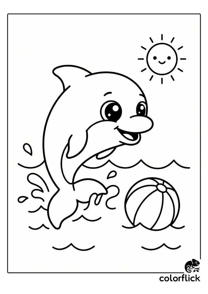 A cute coloring page illustration of a smiling dolphin splashing water next to a floating beach ball under a cheerful sun.