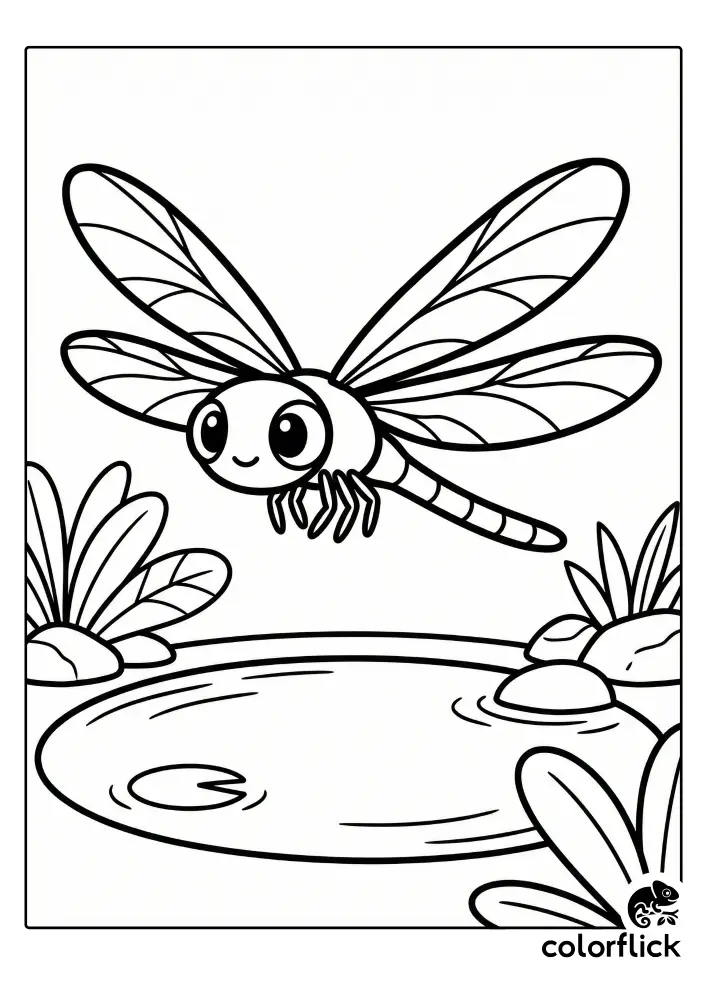 A printable coloring page illustration of a friendly cartoon dragonfly hovering above a calm pond with lily pads and prehistoric plants.