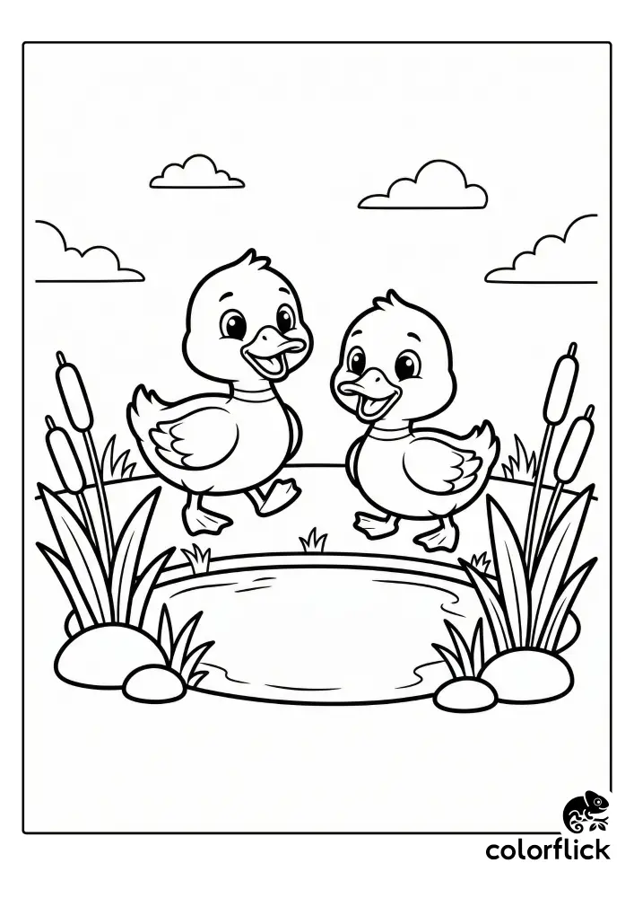 A chibi-style coloring page showing two happy ducklings waddling next to a small pond surrounded by cattail reeds and stones under a cloudy sky.