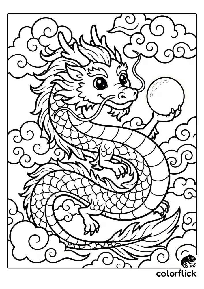 A black and white coloring page of a cute Chinese-style dragon winding through ornate auspicious clouds and holding a dragon pearl in its claw.
