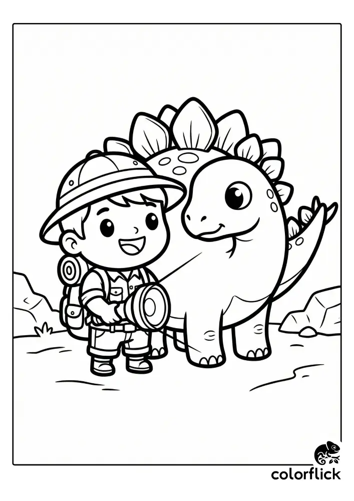 A smiling chibi explorer boy holds a flashlight while standing next to a friendly, cute Stegosaurus dinosaur in a rocky landscape, rendered as a black and white coloring page illustration.